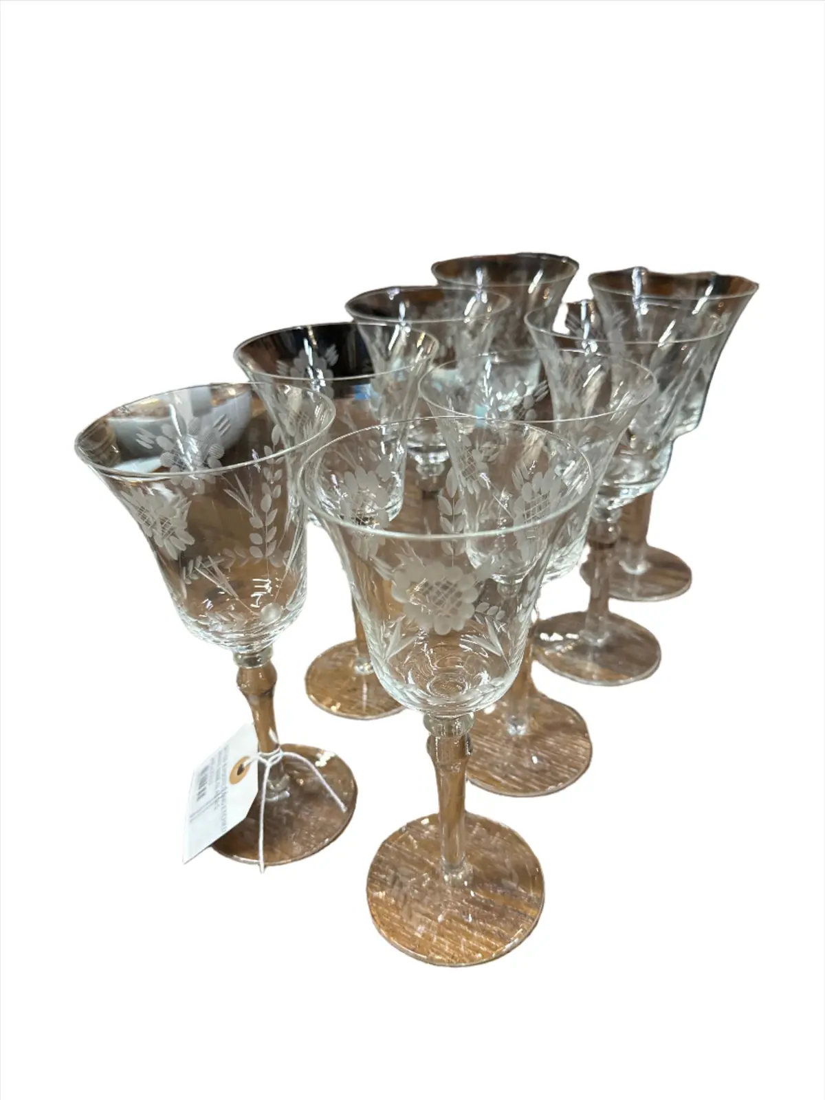 Set Of 8 Footed And Etched White Wine Glasses 1