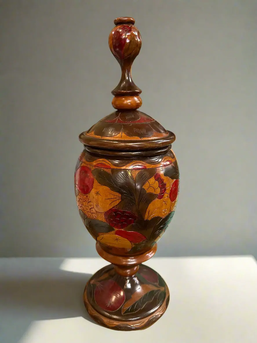 Tall Wood Urn With Incised Fruit Motif 1