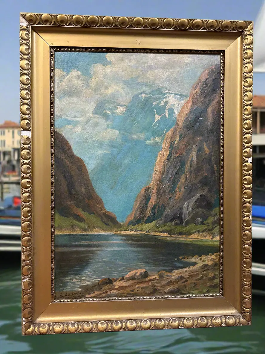 Large Mountain Scene Fjord Oil Painting In Gold Frame By H. Anderson 1