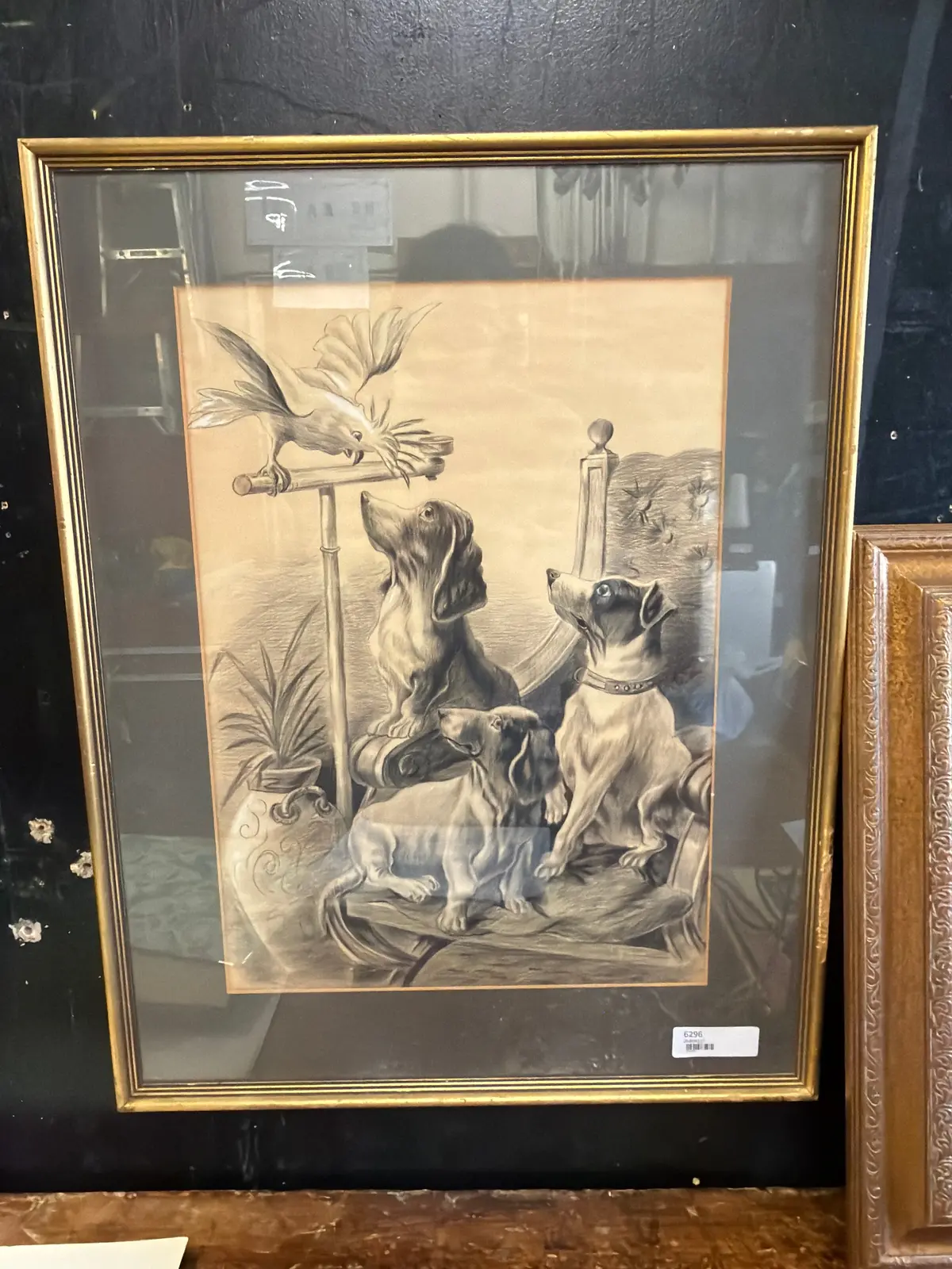Framed Pencil Drawing Of Dogs Watching Bird 1