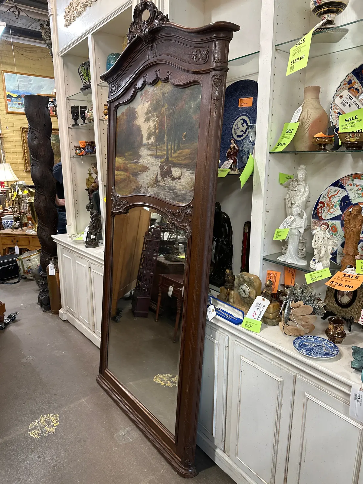 Oak Trumeau Mirror With Landscape Oil Painting 1