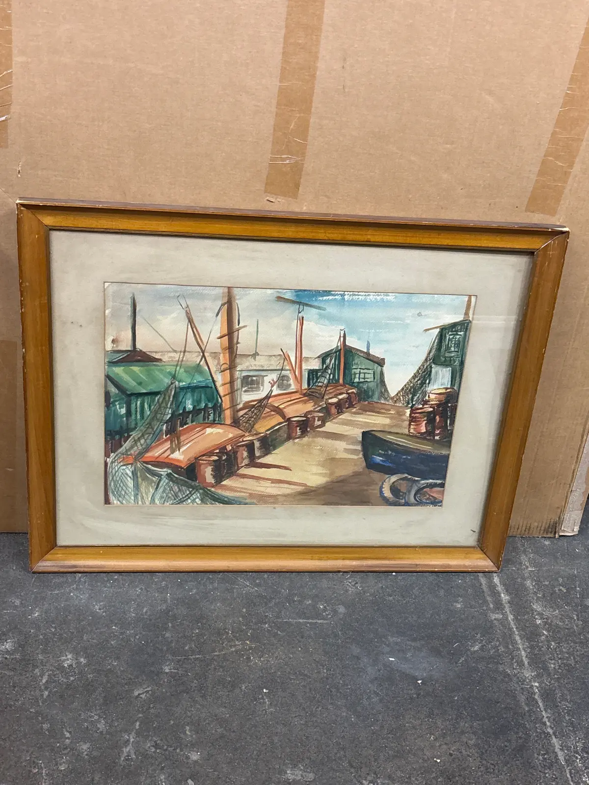 Vintage Harbor Scene Watercolor Painting 1