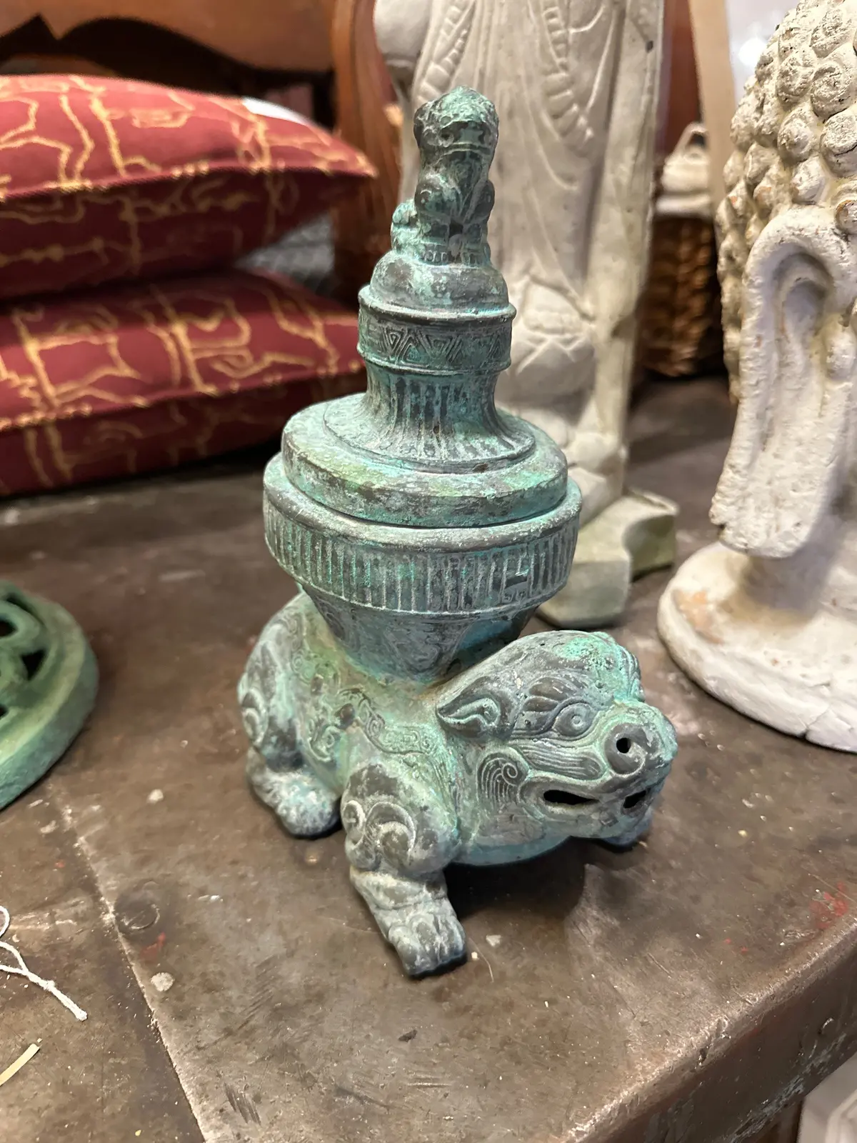 Small Metal Foo Dog Censor With Green Patina 1