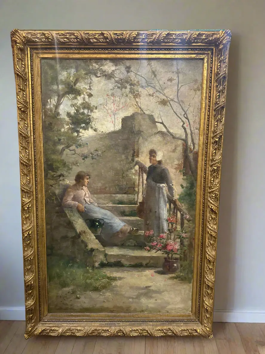 Large  Vertical Oil Painting With 2 Women Conversing On Stairs 1
