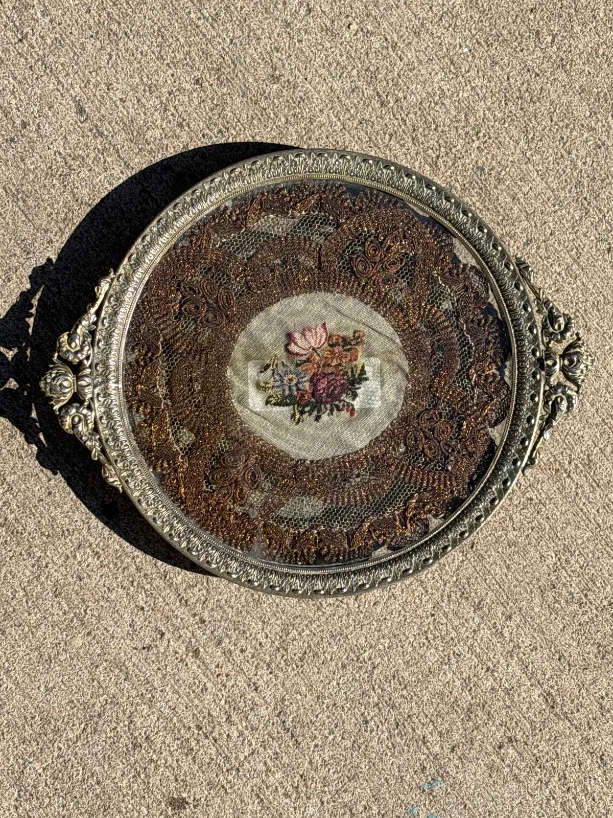 Brass And Glass Dessert Tray With Floral Petit Point 1