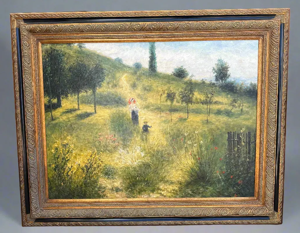 Gilt Framed Oil Painting Of Mother With Child In Meadow 1