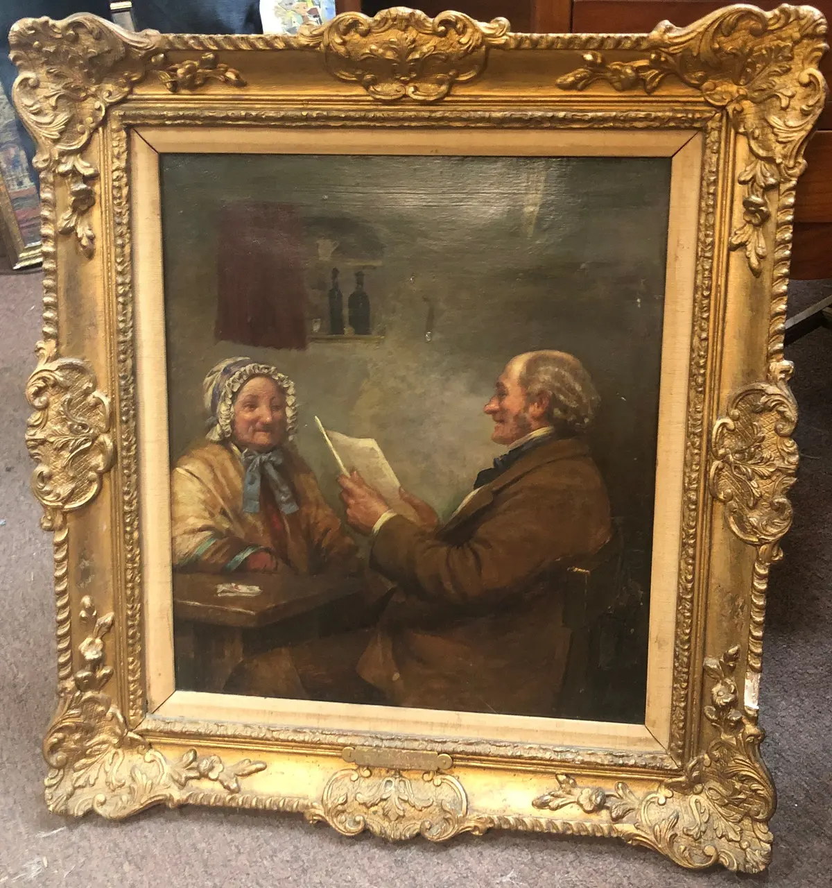 19Th Century Gilt Gesso Framed Painting Of Conversation Over Newspaper 1