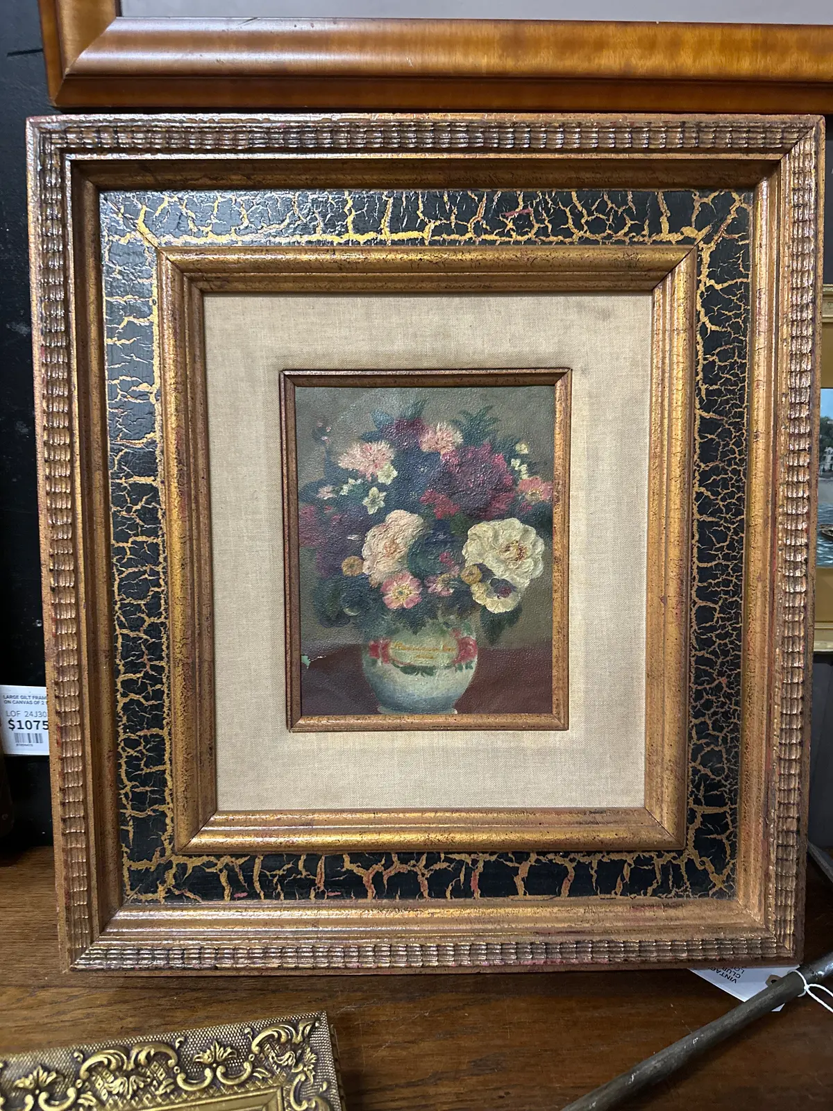 Floral Still Life Painting In Small Gold Frame With Black Crackle 1