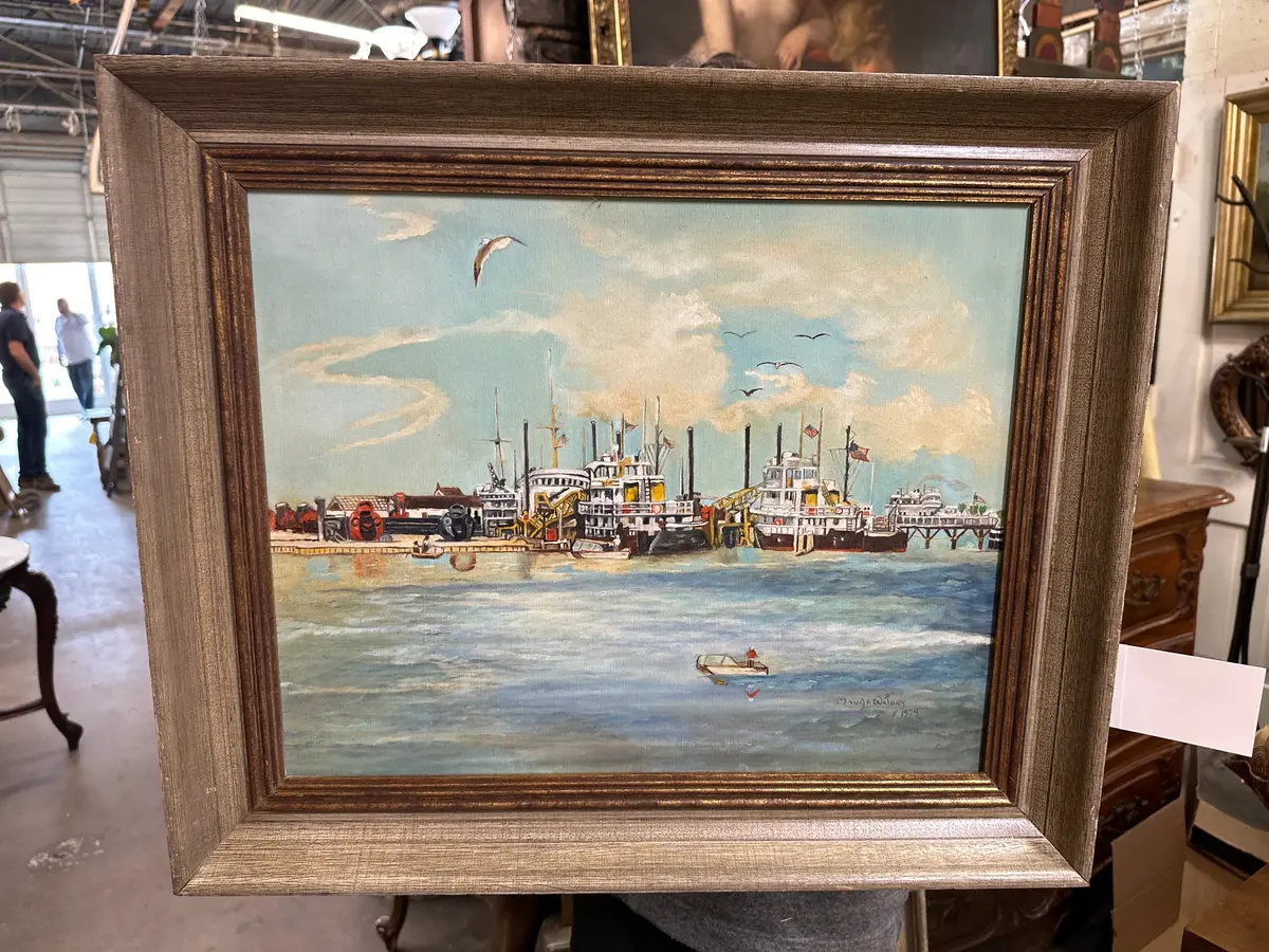 Framed Oil Painting Of A Port By Maude Waters 1