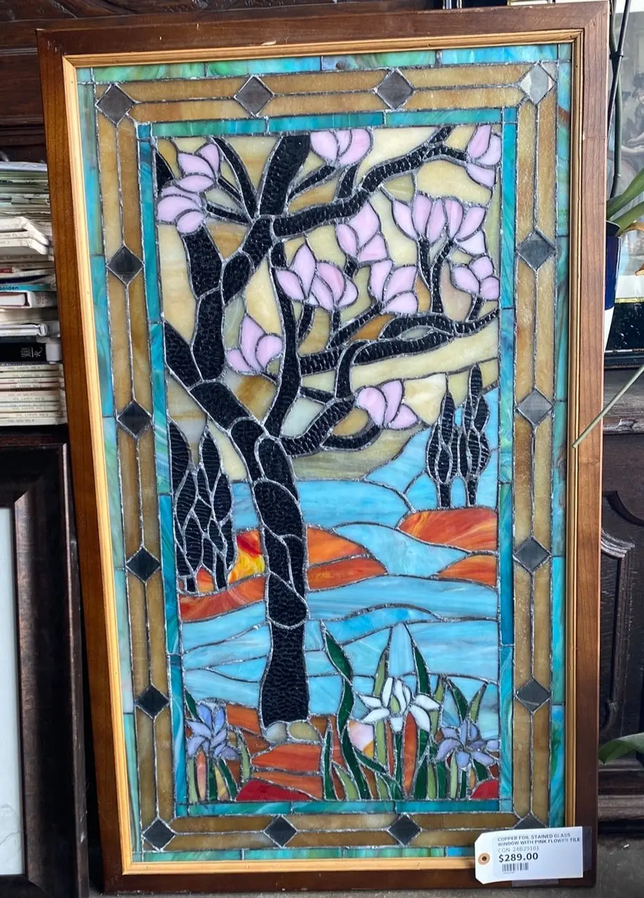 Copper Foil Stained Glass Window With Pink Flower Tree 1