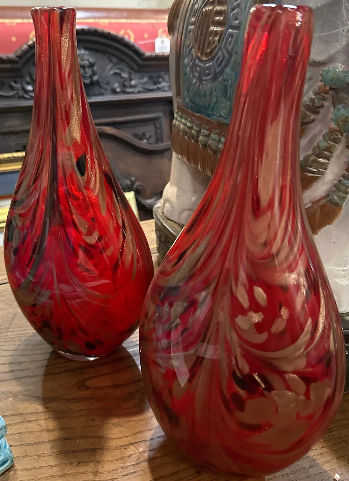 Pair Of Red Swirl Art Glass Vases 1