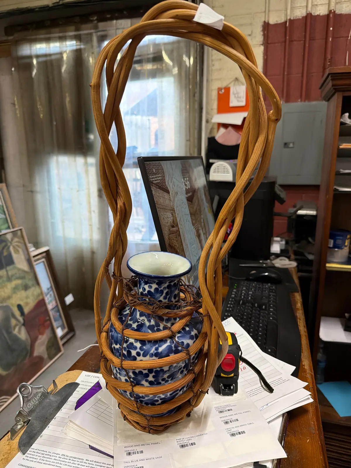 Blue And White Vase In Basket 1