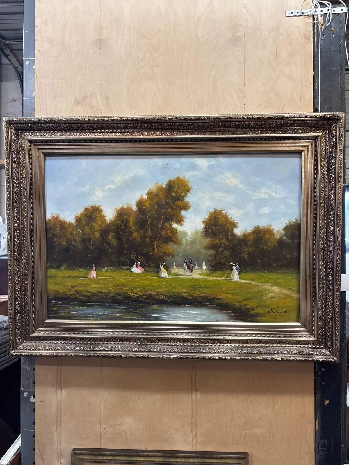 Dark Gold Framed Oil On Canvas Landscape Painting With People - Signed Kalaquette 1