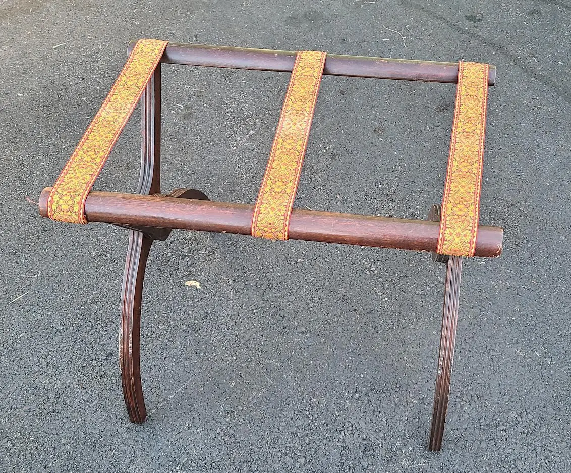 Antique Mahogany Folding Tray Or Luggage Holder With Silk Straps 1
