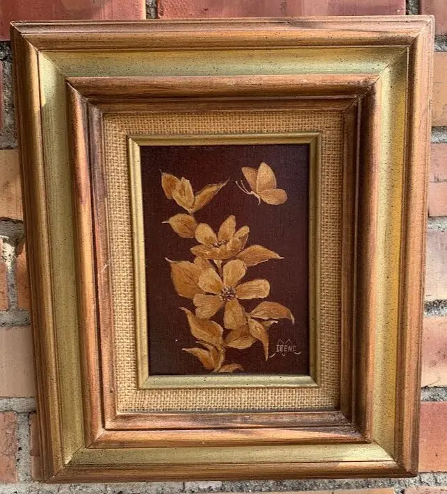 Small Vintage Oil Painting Of Bronze Tone Flowers And Butterfly 1