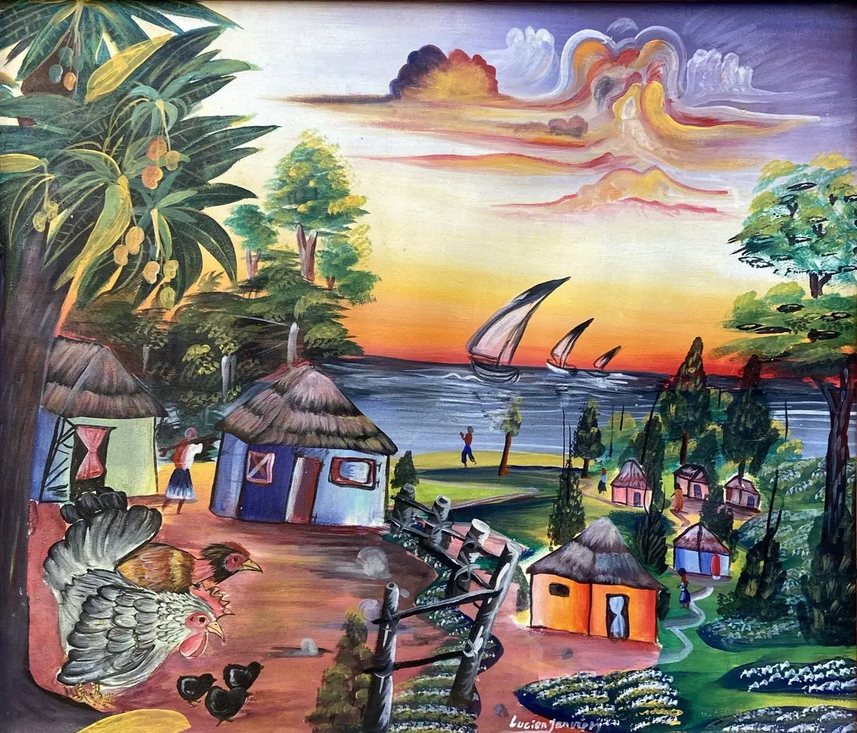 Unframed Whimsical Tropical Landscape With Rooster 1
