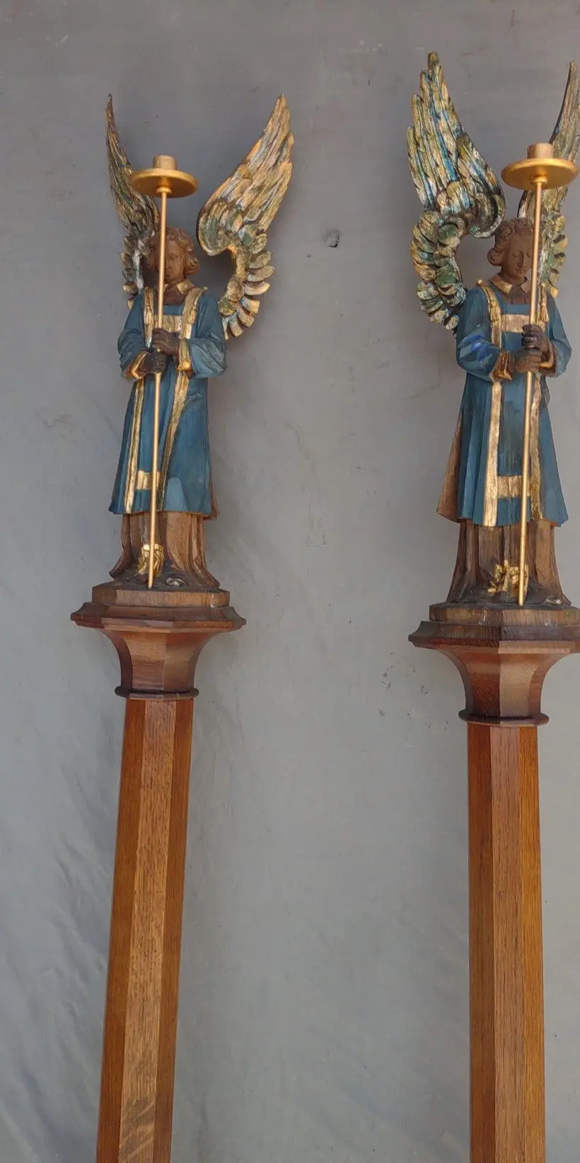 Pair Of Painted Carved Wood Angel Statues On Tall Poles-From An Alter 1