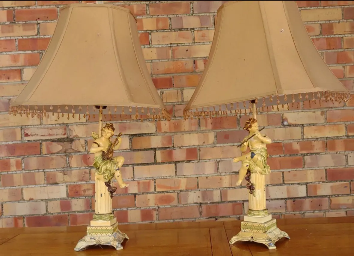 Pair Of Painted Metal Cherubs With Instuments Lamps 1