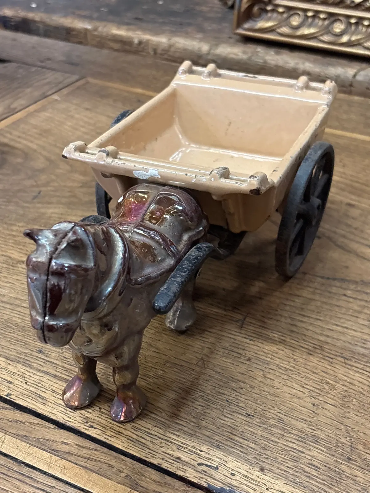 Lustre Enameled Cast Iron Horse Drawn Carts 1