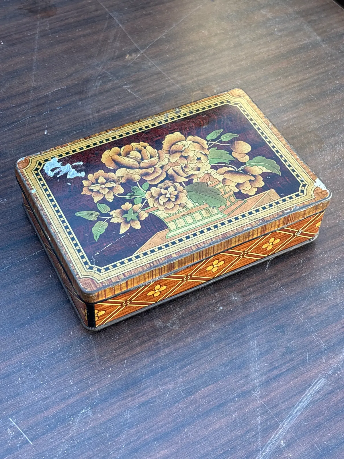 Brown Yellow Floral Tin Box 1