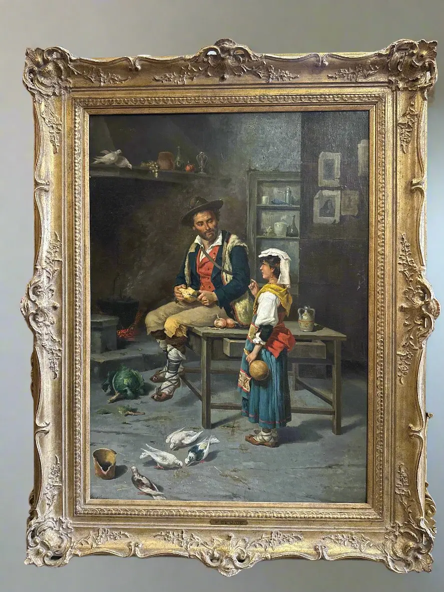 Large Gilt Framed Interior Italian Oil Painting Father And Child By De Vivo "The Peasants Return" 1