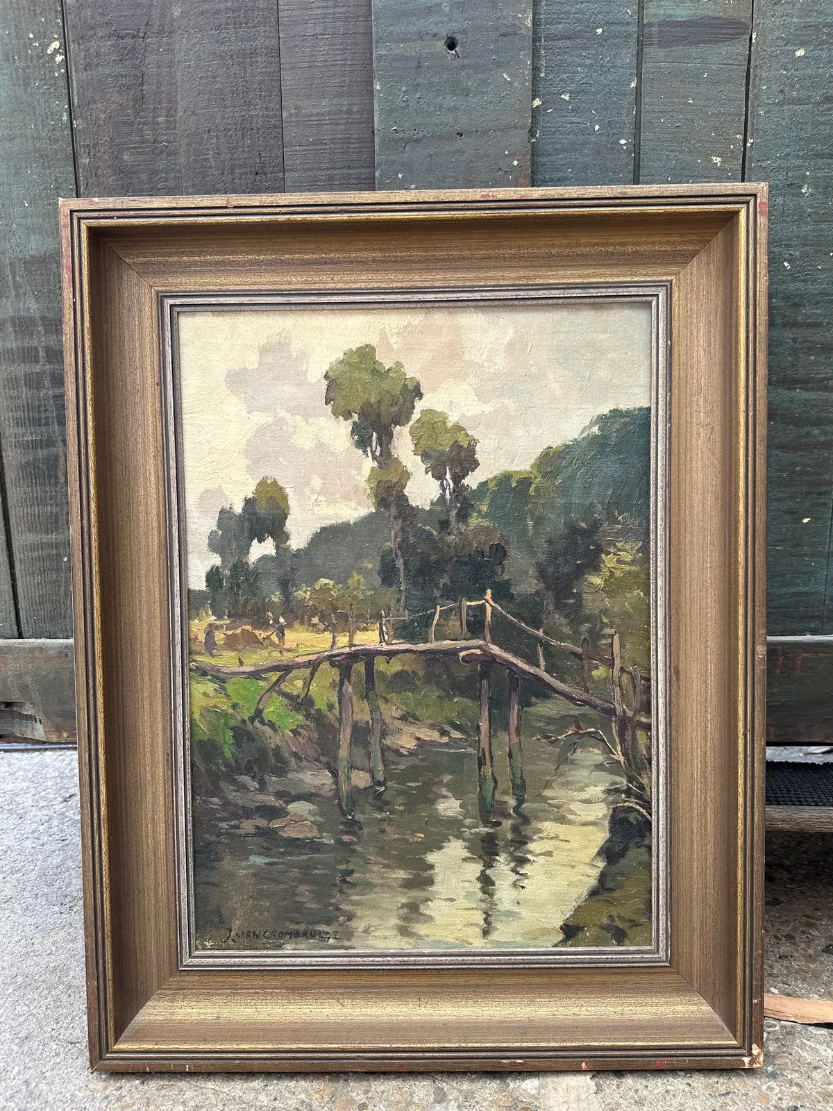 Small Framed Impressionist Landscape Oil Painting With Trees And Bridge Over Water Signed 1