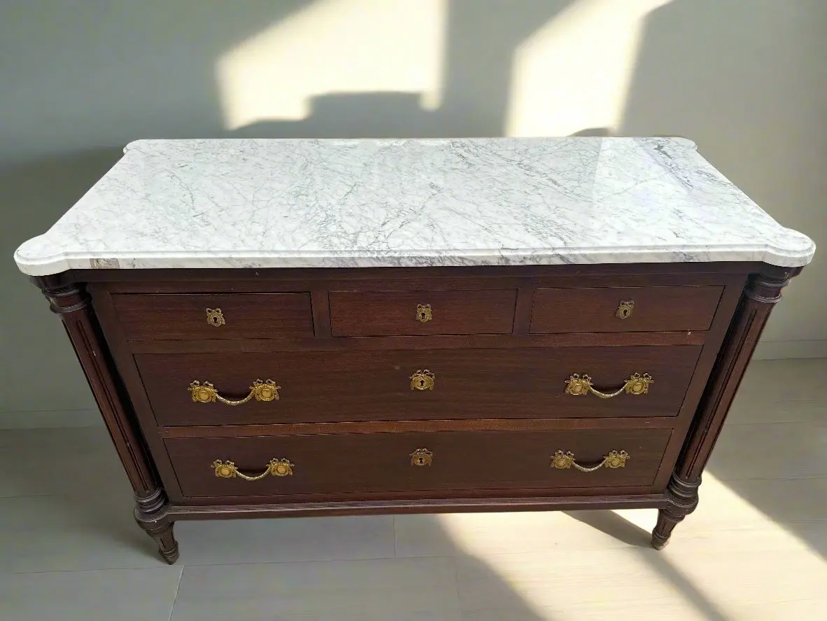 Large Louis Xvi Carerra Marble Top Mahogany 5 Drwer Chest 1