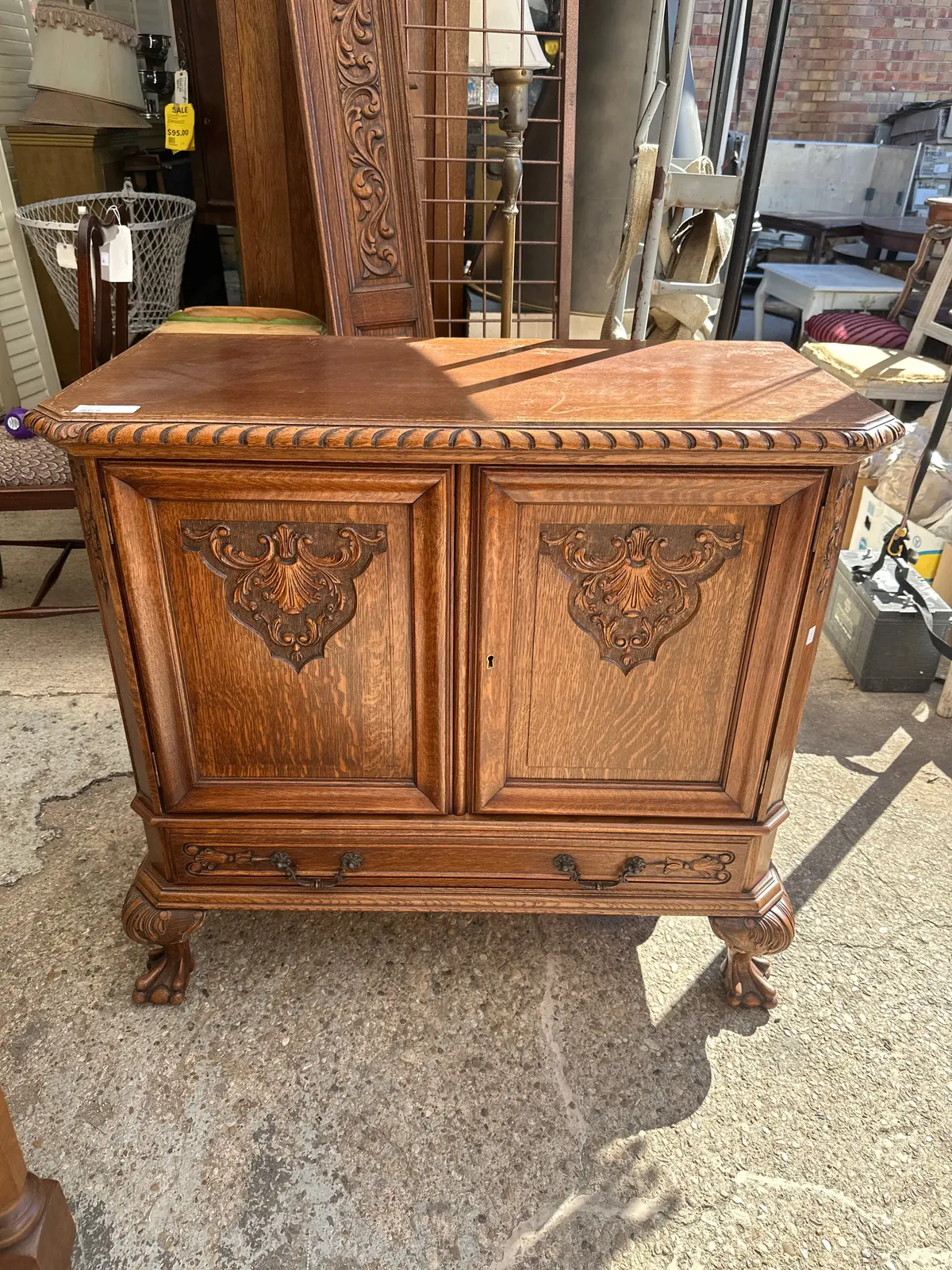 Claw Foot Small Oak Low Cabinet With Two Doors 1