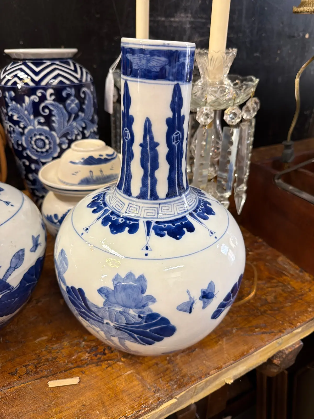 Pair Of Blue And White Long Neck Vases 1