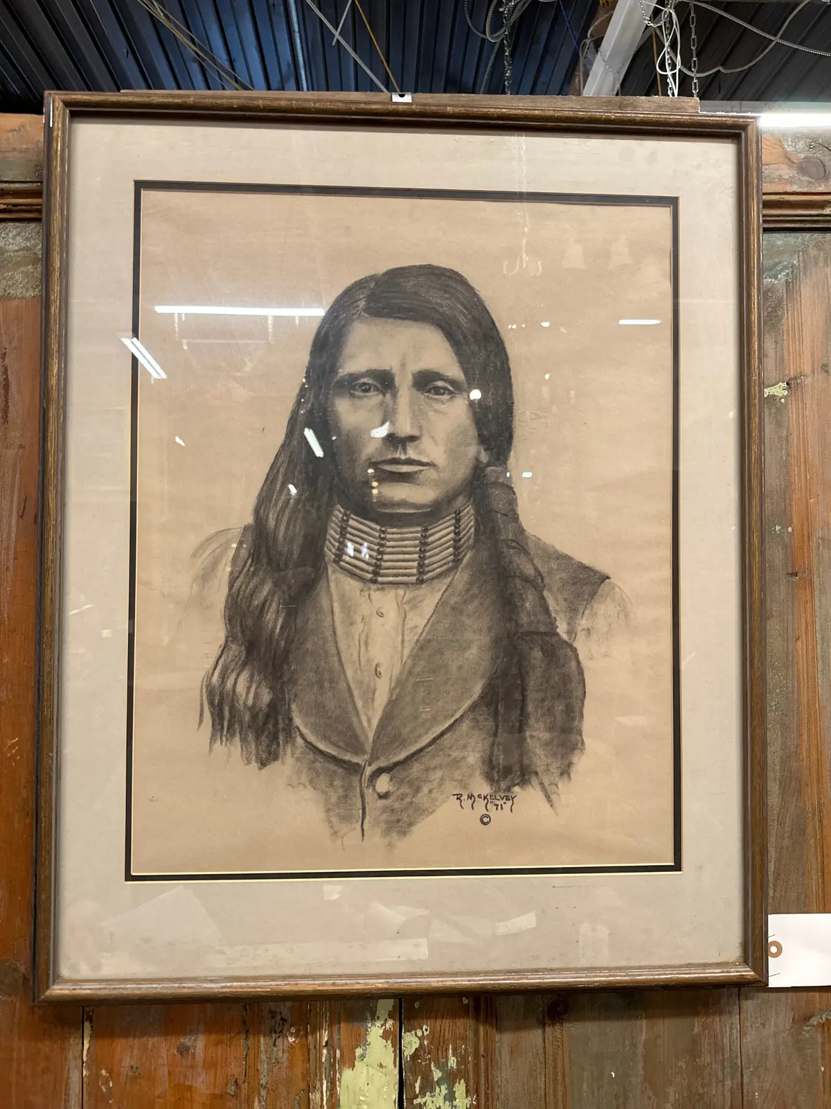 Charcoal Drawing Of An Indian Signed Rm Kelly 1