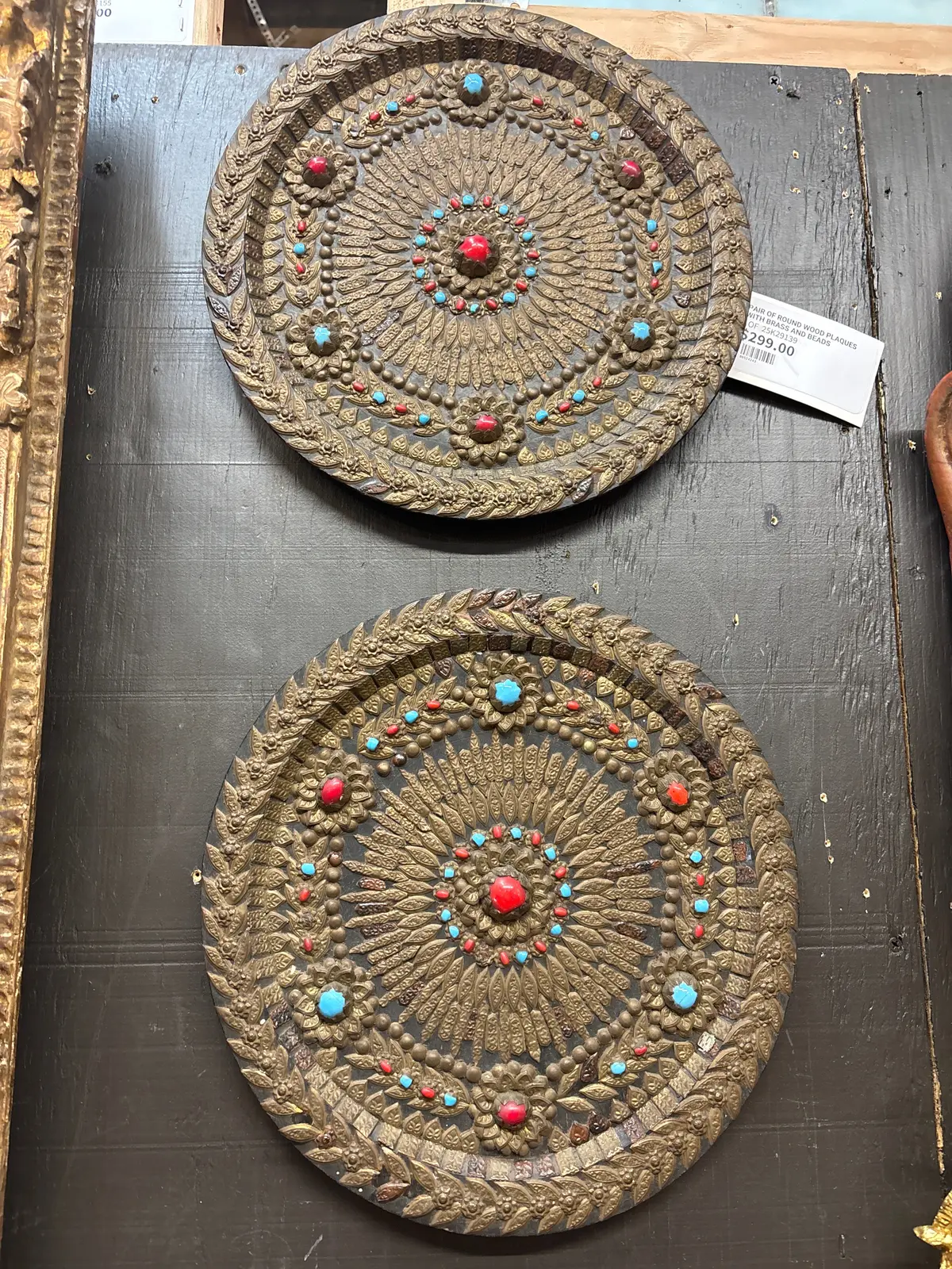 Pair Of Round Wood Plaques With Brass And Beads 1