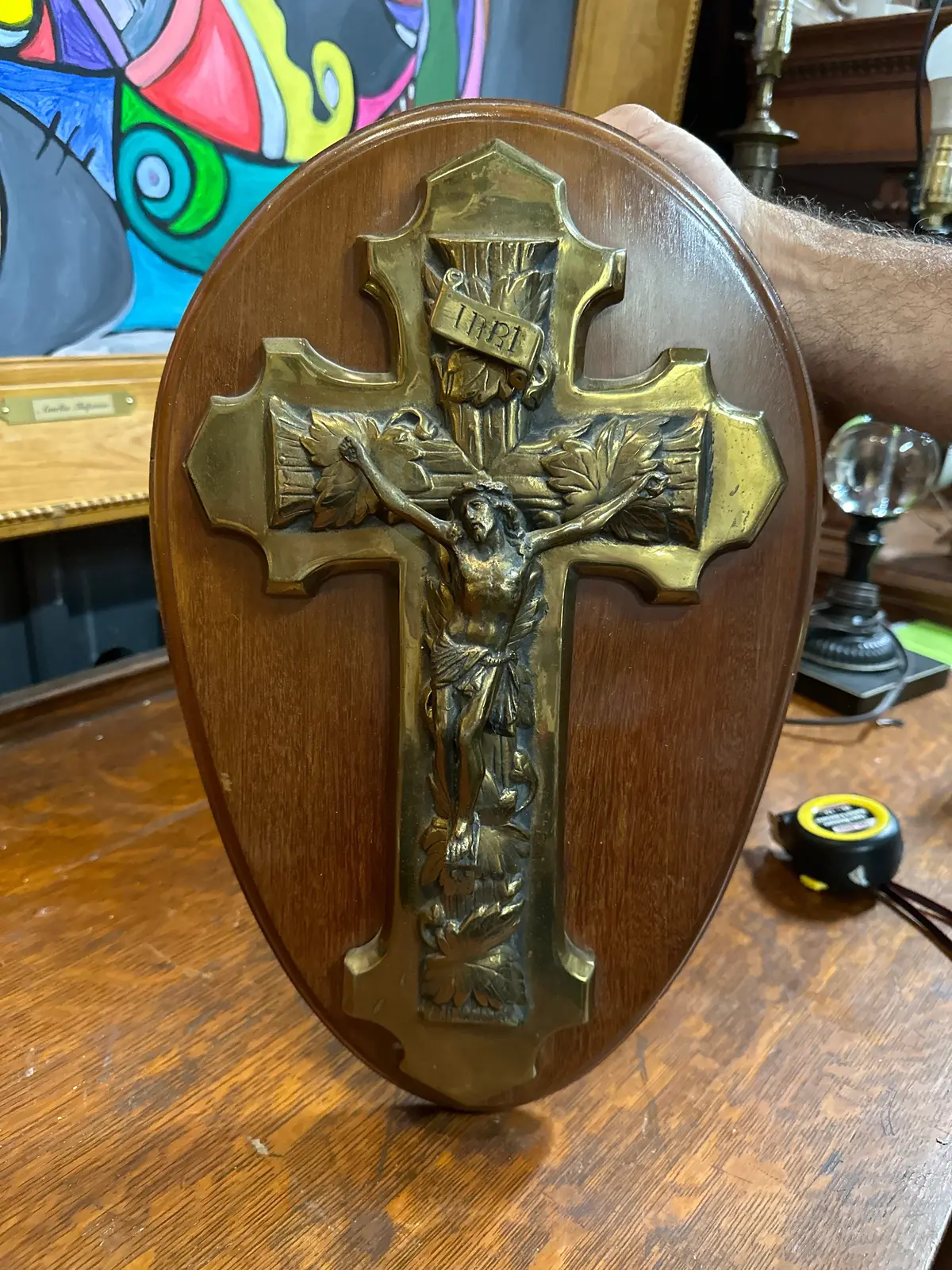 Brass Crucifix On Oval Mahoagany Back 1