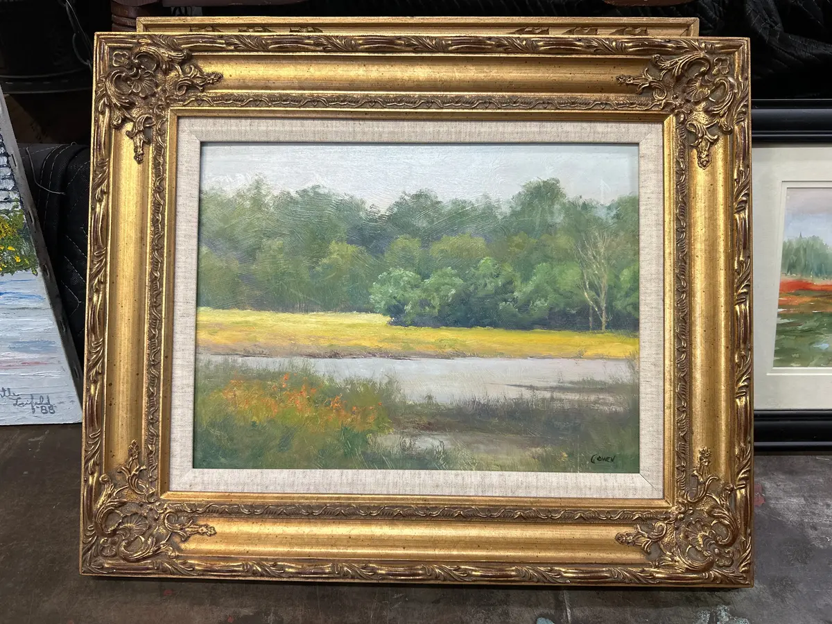 Small Framed Landscape Oil Painting Of A Lake  Signed Gomez 1