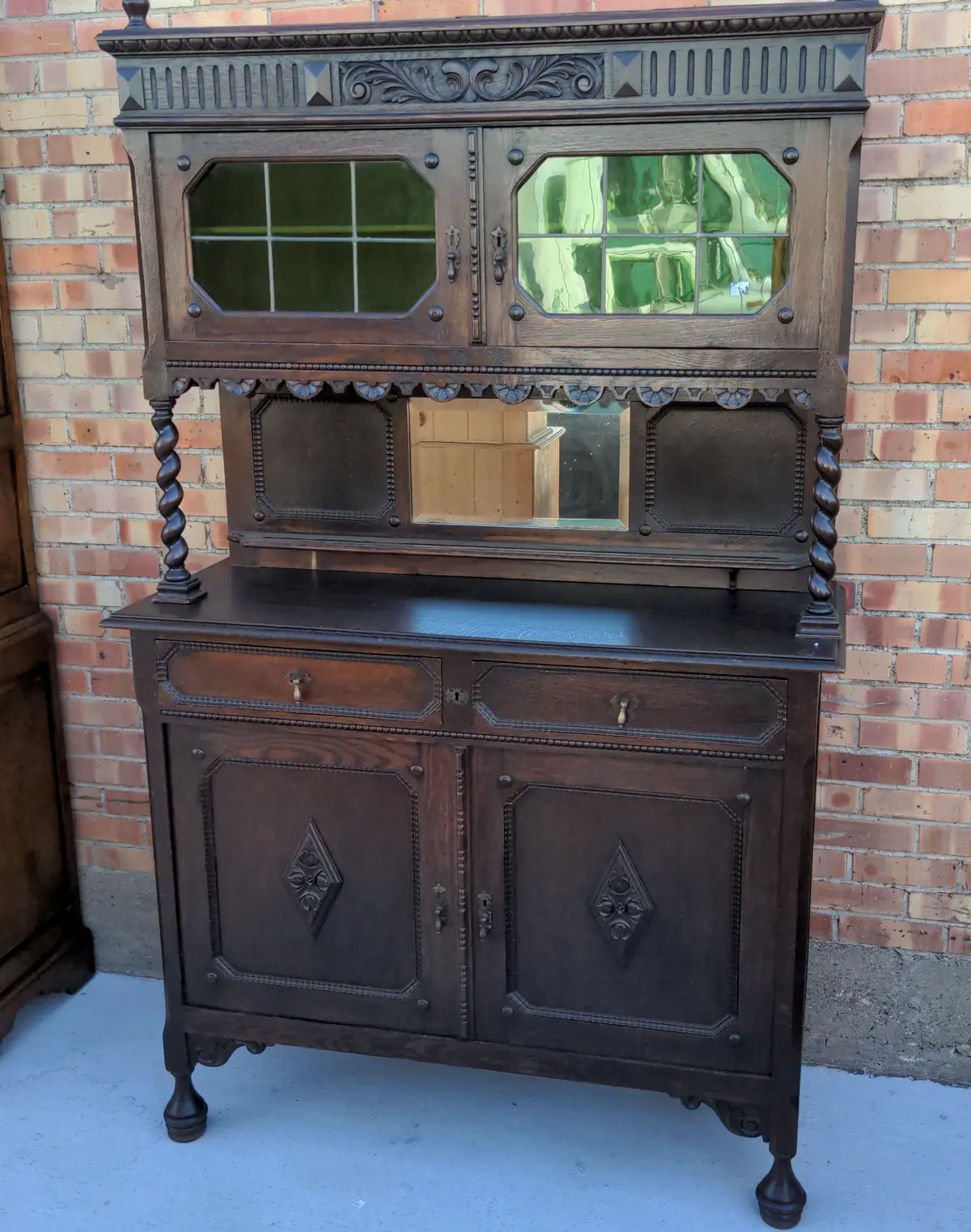 2 Piece Jacobean Barley Twist English Buffet With Upper Glass Doors 1