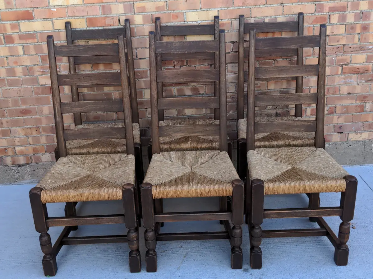 Set Of Six Rustic Oak Ladder Back Chairs With Rush Seats 1