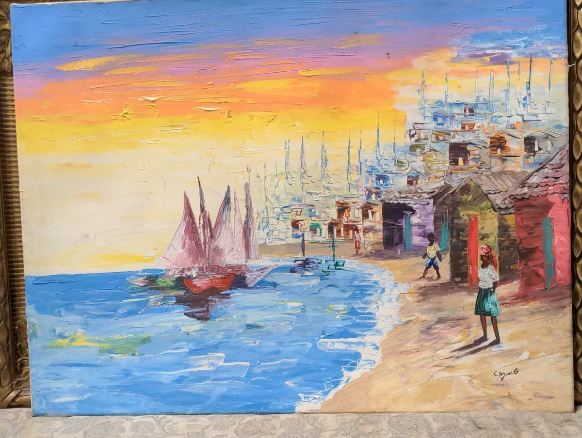Haitian Harbor Scene Acrylic On Canvas Painting 1