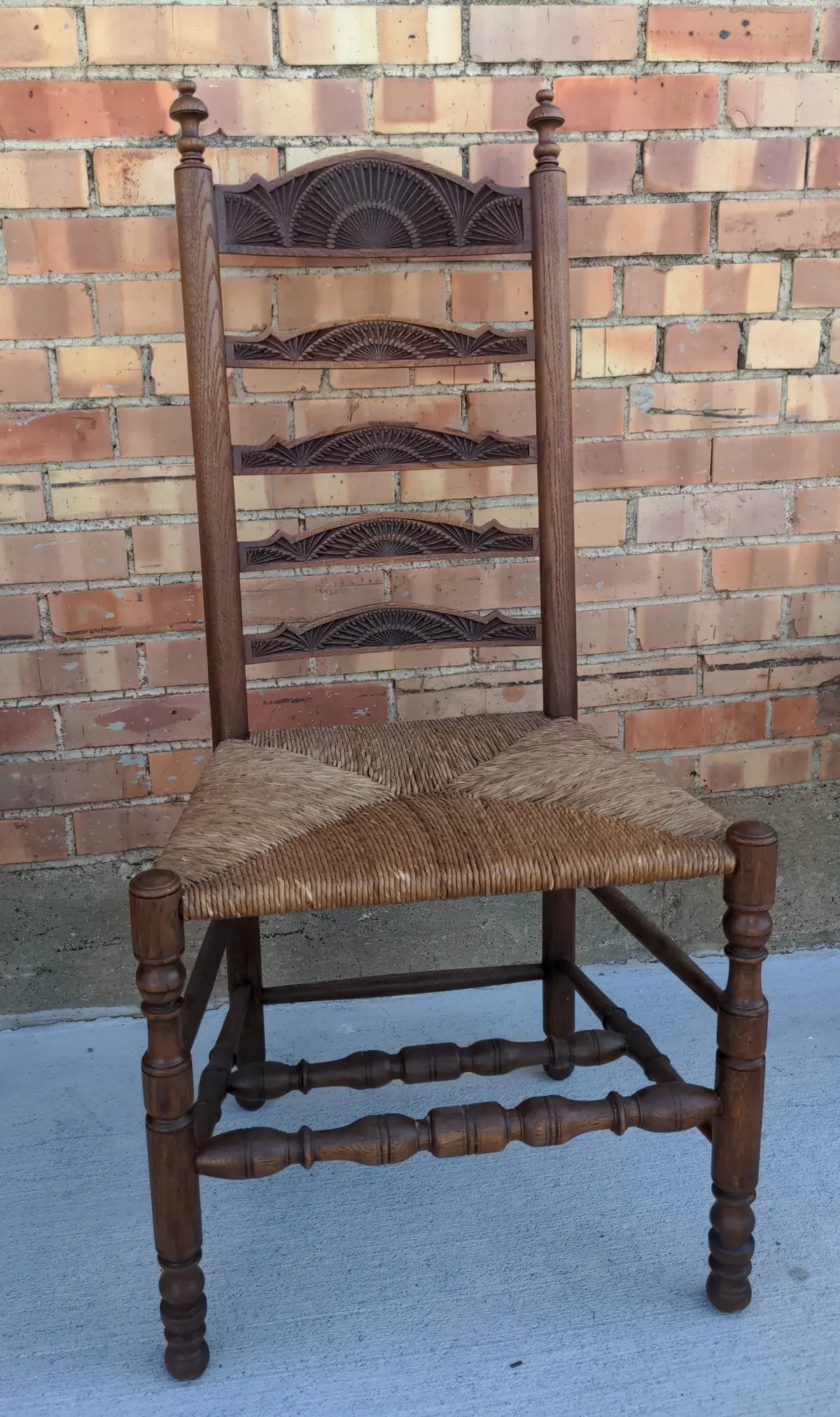 Chip Carved Ladder Back Oak Side Chair With Rush Seat 1