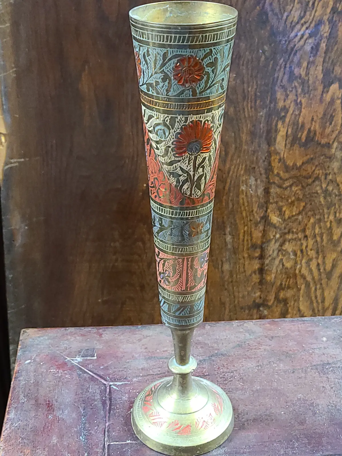 Tall Brass Indian Vase With Color Incised 1