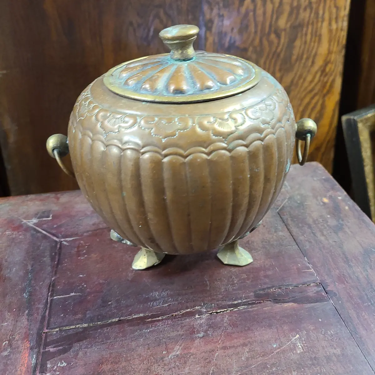 As Is Copper And Brass Pot With Lid And Brass Feet 1