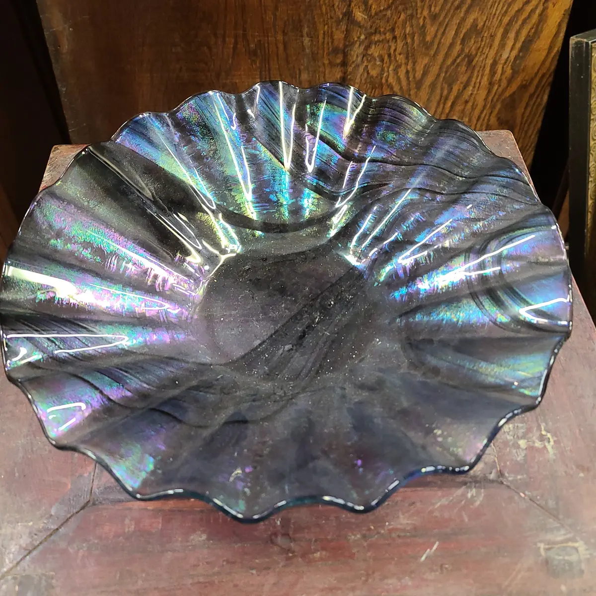 Dark Blue Iridescent Ruffled Art Glass Dish 1