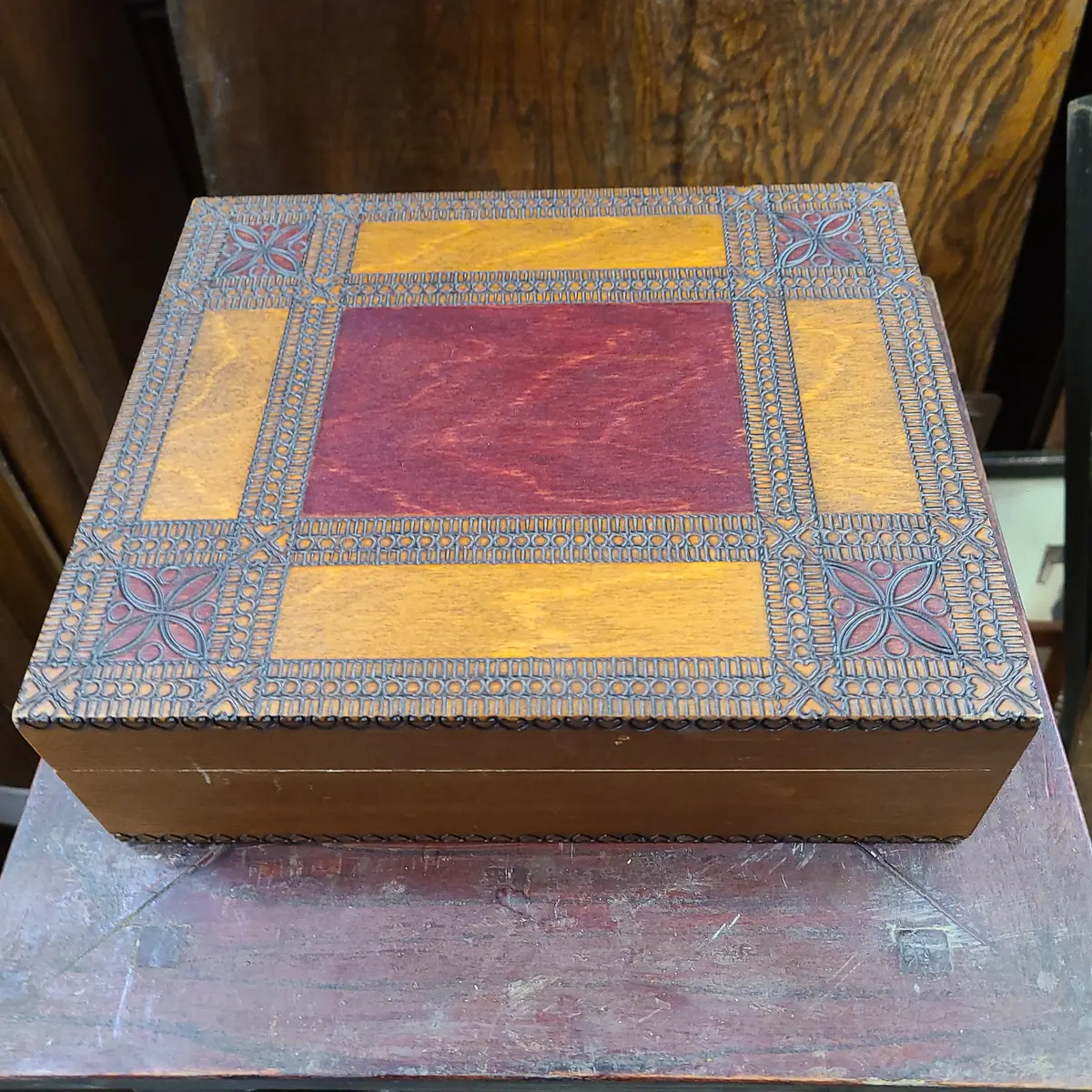 Incised Wooden Box With Red Highlights 1