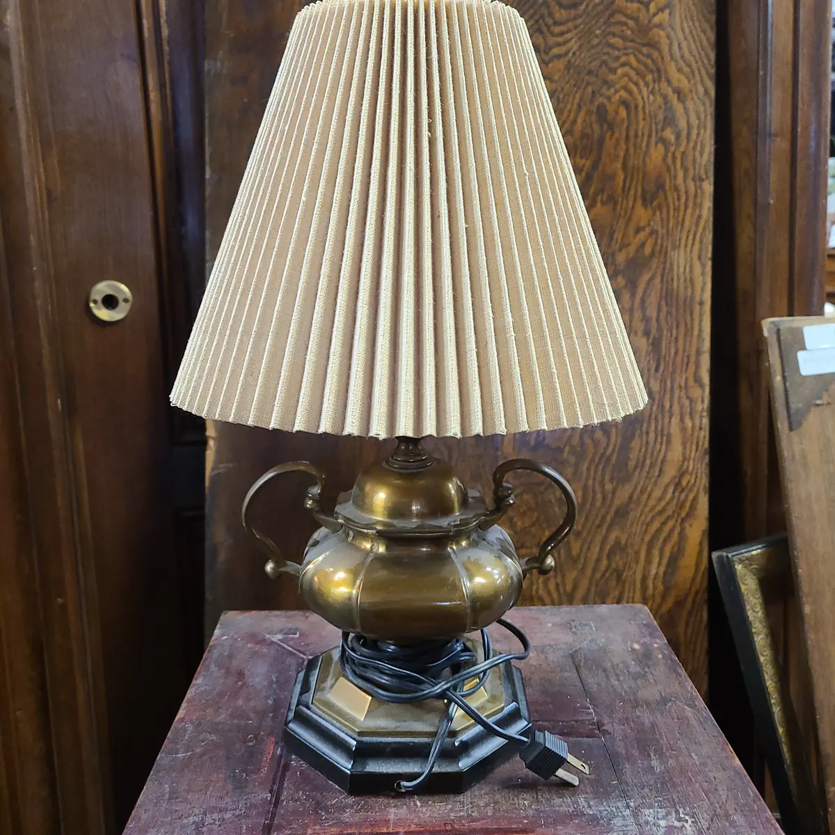 Heavy Brass Small Lamp On Wood Base 1