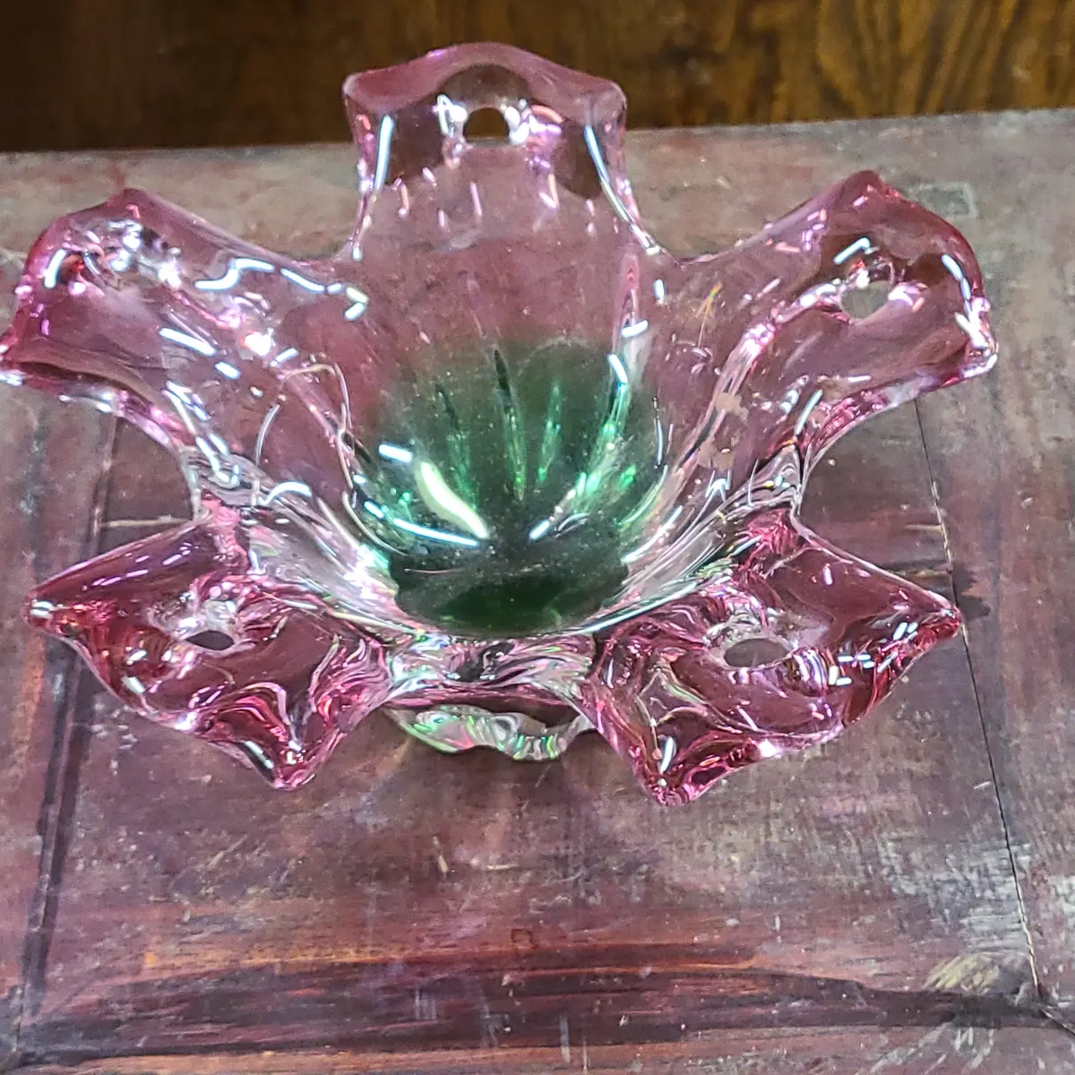 Cranberry And Green Art Glass Dish 1