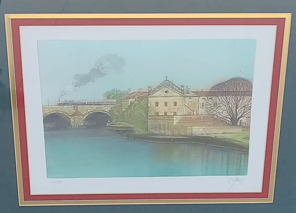 Framed Color Litho Of Train And Bridge 1