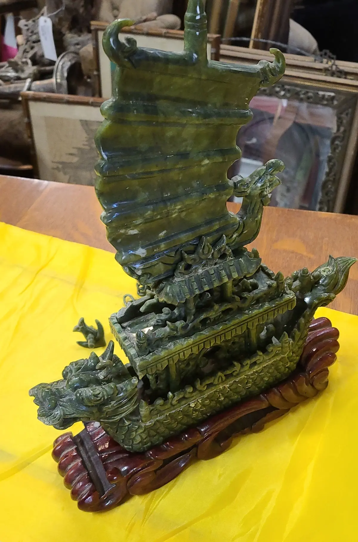 As Is Jade Dragon Ship On Wood Base 1