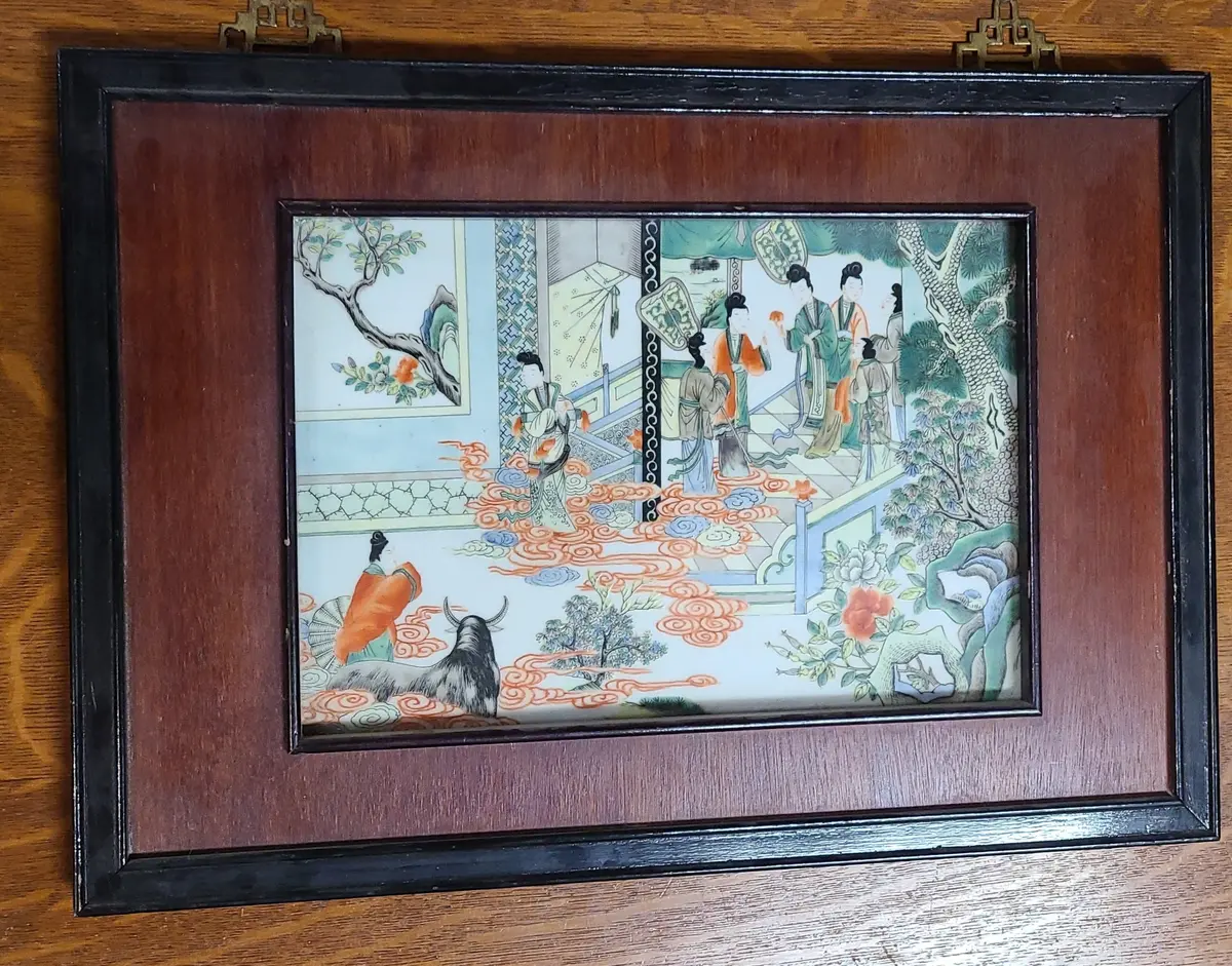 Framed Asian Porcelain Tile With Ladies And A Bull 1