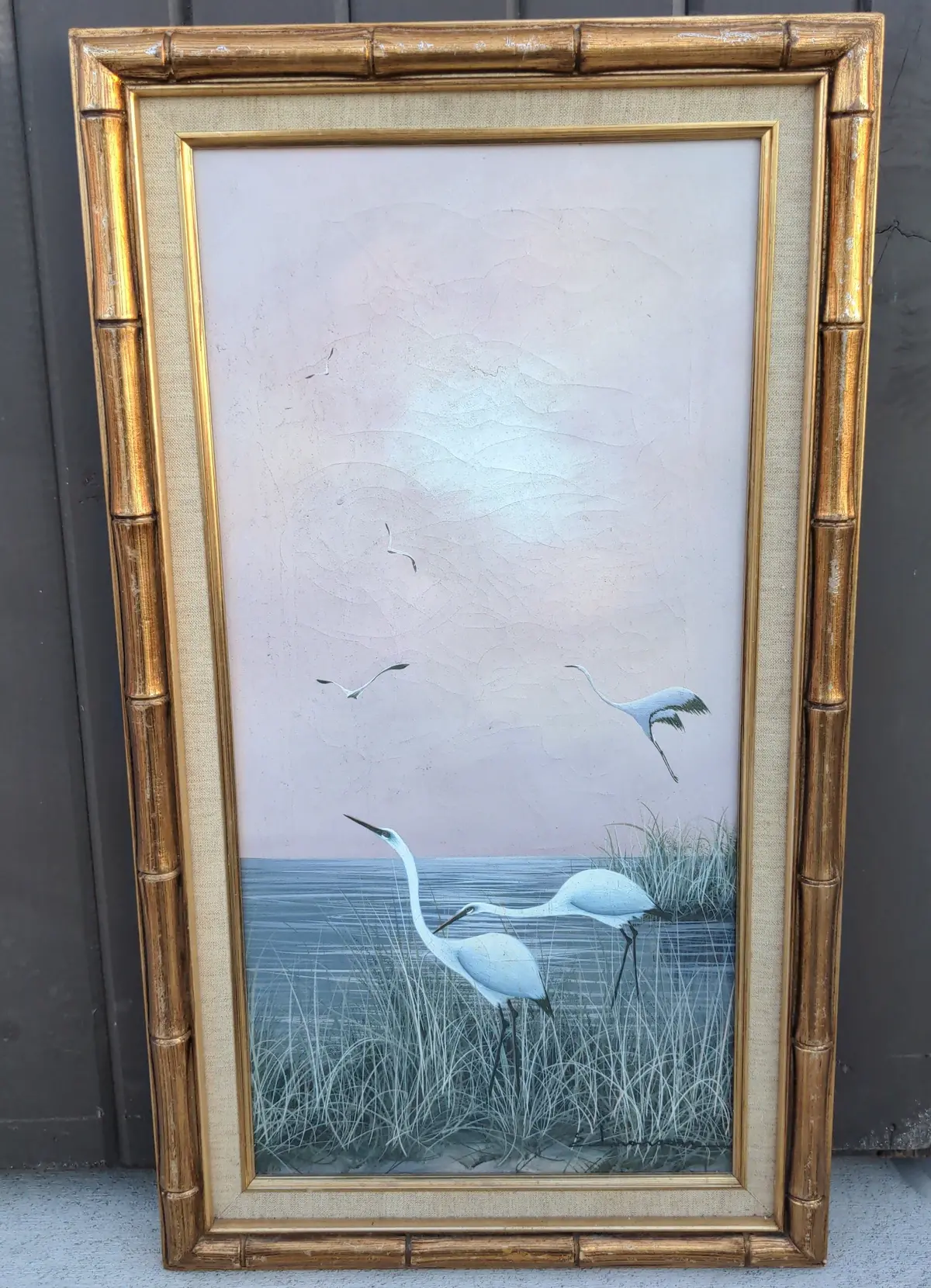 Oil Painting Of Cranes In Faux Bamboo Frame 1