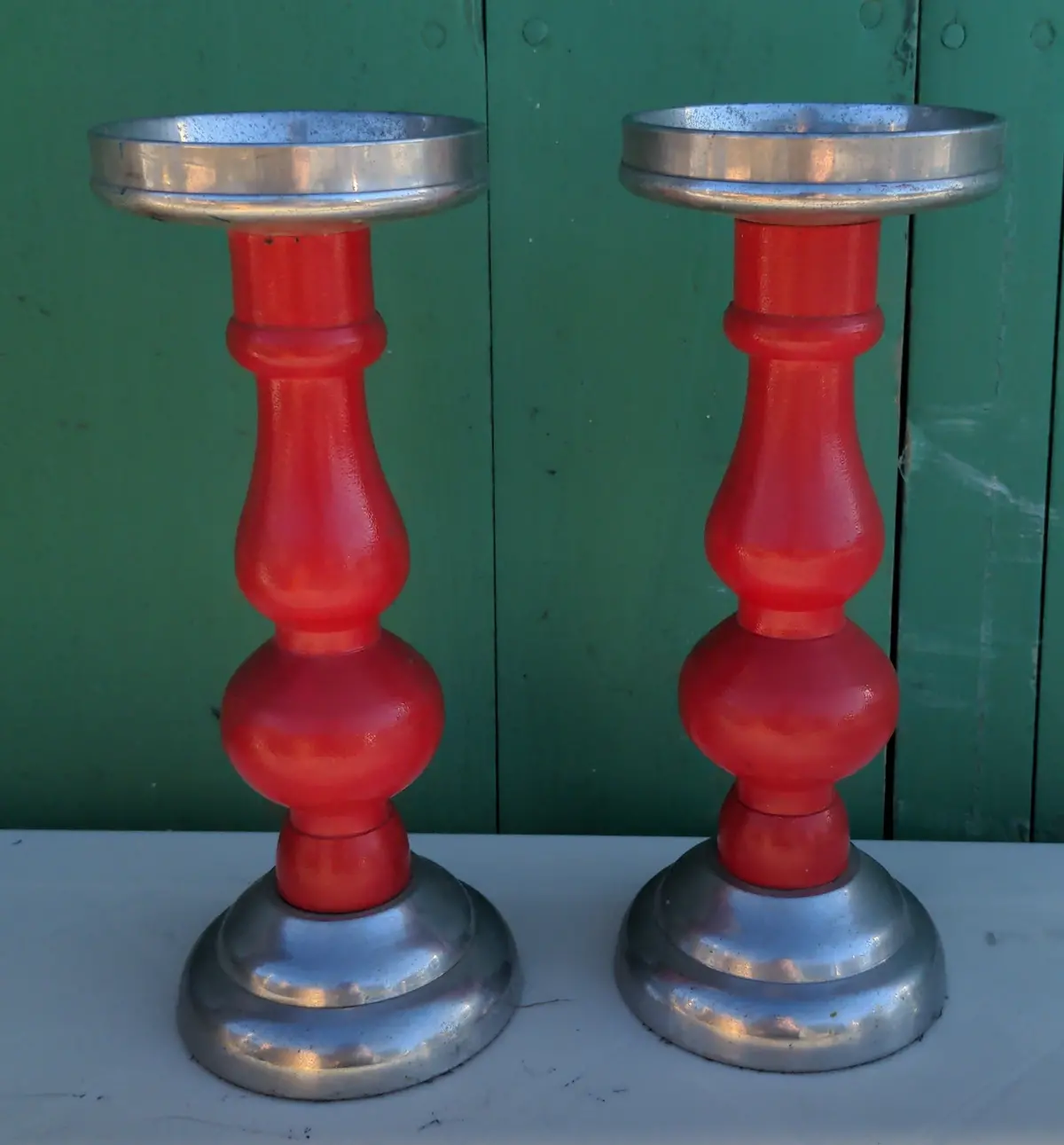 Red Painted Candle Stands With Chrome Bases 1