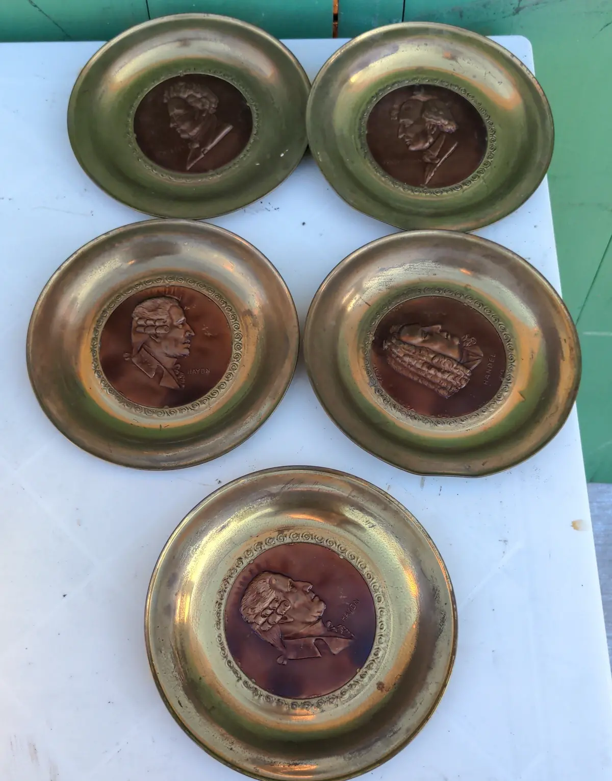 Set Of Five German Composer Brass Wall Plates-Made In England 1
