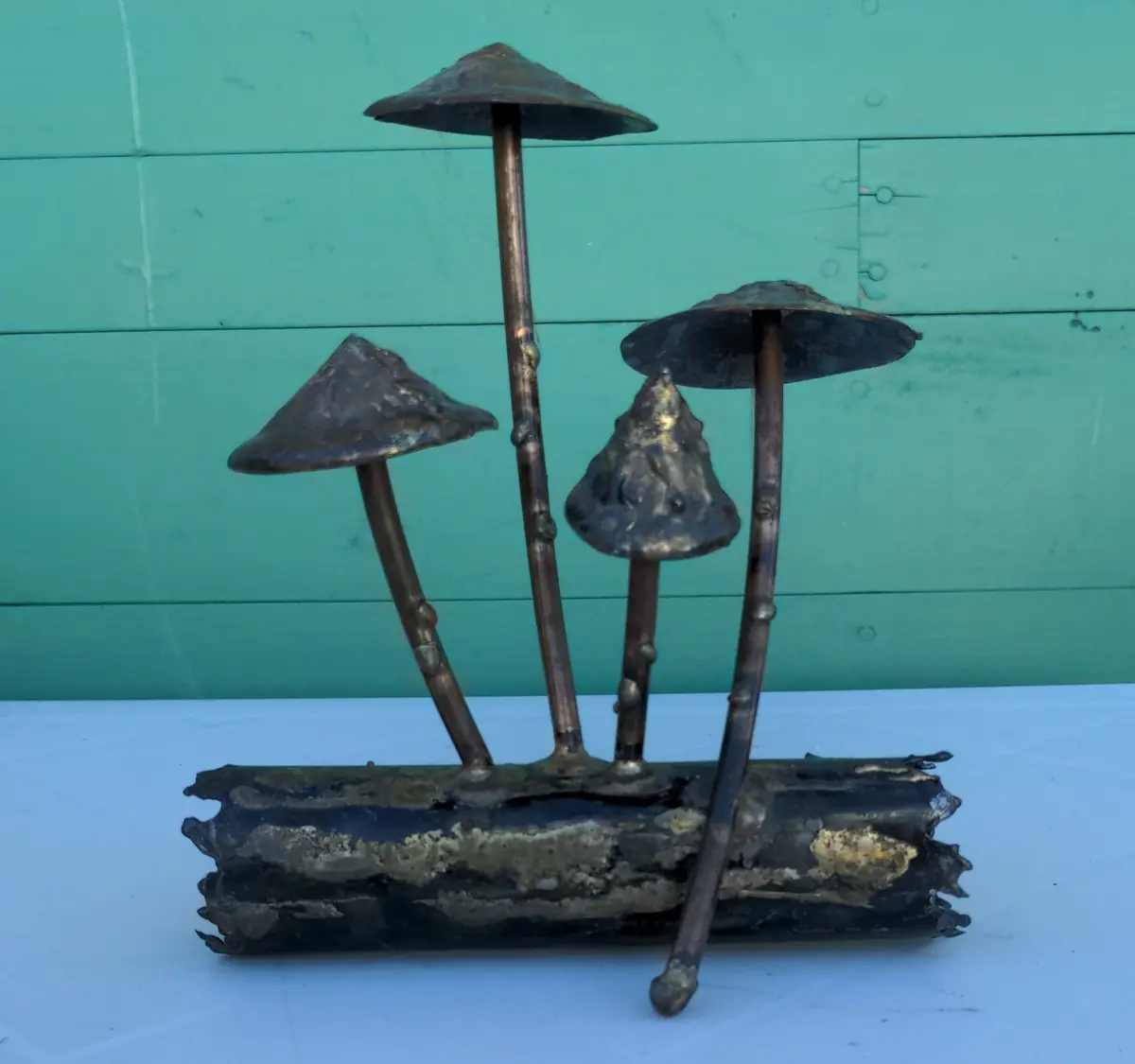 Small Gold And Black Metal Mushrooms On Log Brutalist Sculpture 1